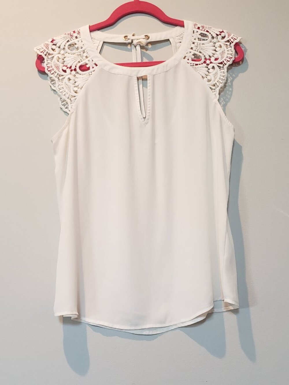 Express Sleeveless Semi Sheer Blouse with Lace Shoulders and Front Keyhole